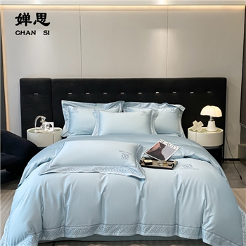 婵思TJ0KL02000430澳棉布拉格绣花四件套200*230cm罗莎莉亚（飘蓝）【TH】