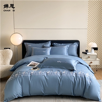 婵思TJ0WL02100652全棉高精密简约绣花四件套200*230cm尚-月光蓝（二代）